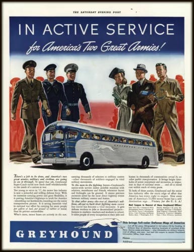 VINTAGE WW 2 Patriotic GREYHOUND BUS Advertisement "America's Two Great Armies!" - Picture 1 of 1