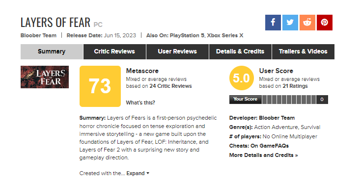 A screenshot of the metacritic page for the layers of fear remake, which has given them a score of 73 based on 24 critic reviews.