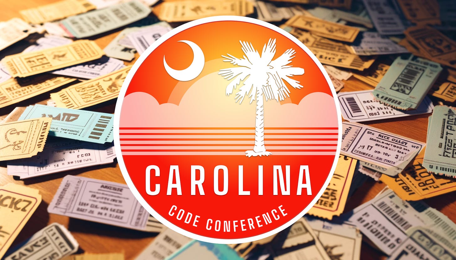 The Carolina Code Conference Logo on a table full of tickets