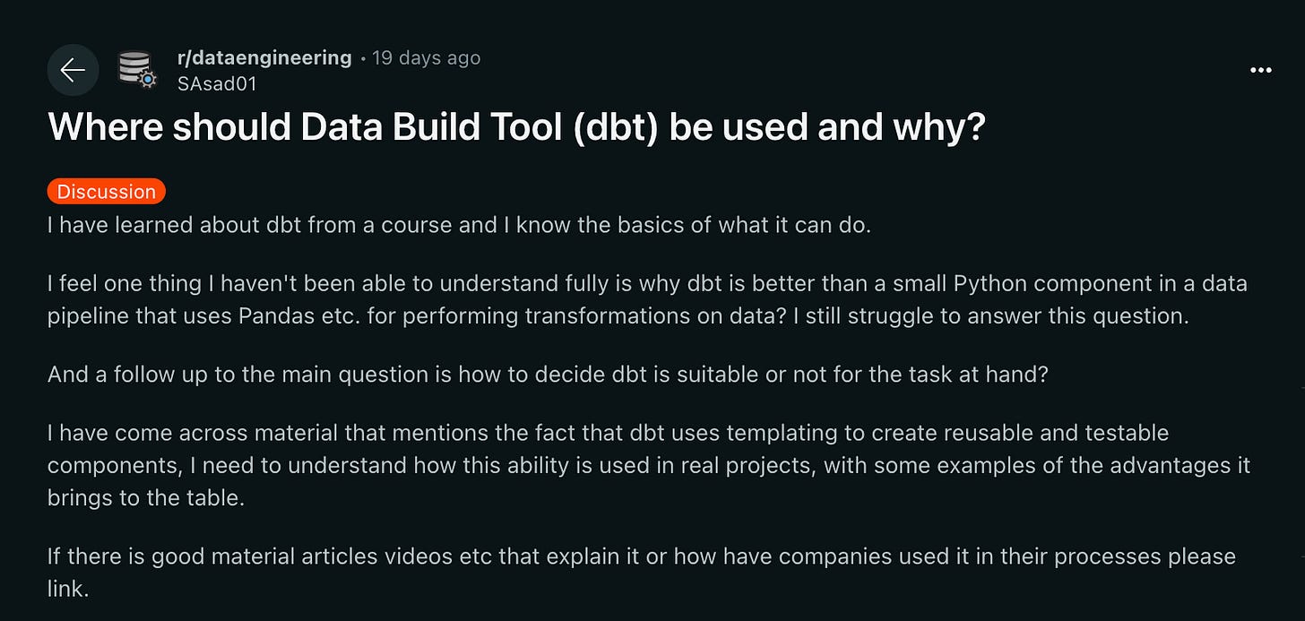 reddit post asking about dbt