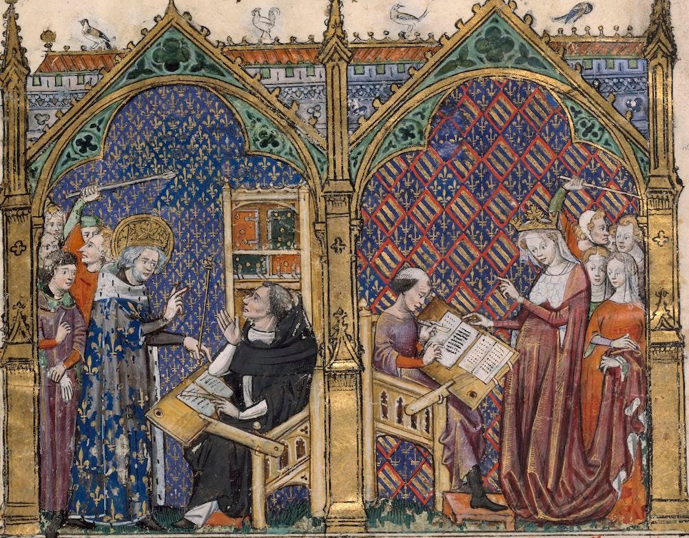 Detail of a page of a medieval manuscript, with an illumination showing at right a king speaking to a monk writing, and at left a queen talking to a man writing. Both scenes also have several people watching the king and queen.