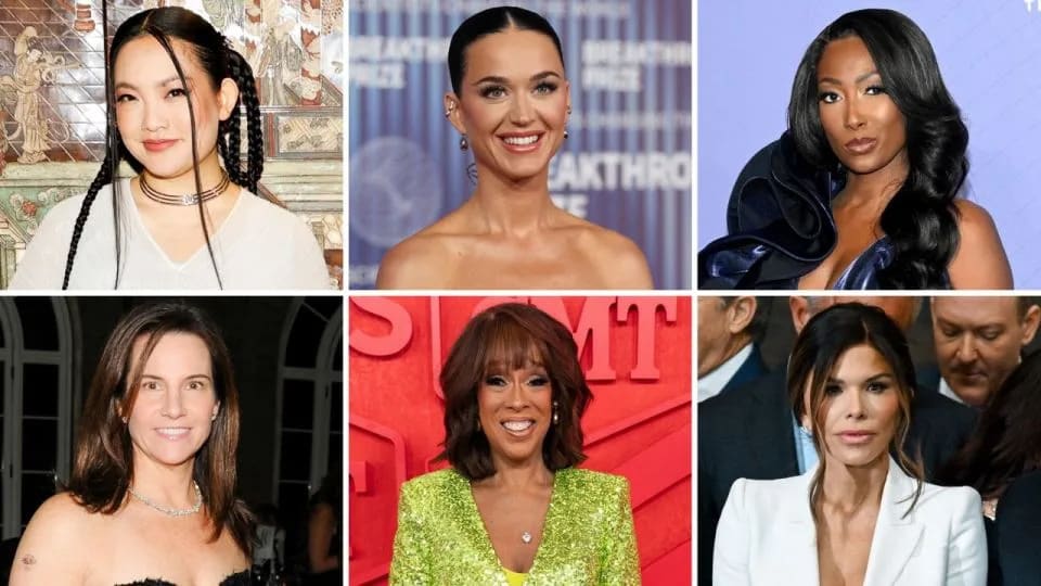 Amanda Nguyen, Katy Perry y Aisha Bowe (arriba, de izquierda a derecha) se unirán a Kerianne Flynn, Gayle King y Lauren Sánchez (abajo, de izquierda a derecha) en el vuelo New Shepard. - Shutterstock/Reuters/Getty Images