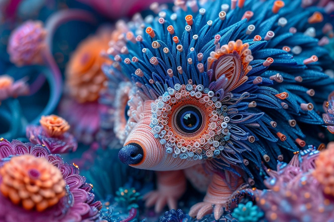 hedgehog, paper quilling, in the style of luminous pointillism, made of wire, dark blue and light pink, double exposure, layered translucency, vibrant colors and lighting --ar 3:2 --s 750 --v 6.0