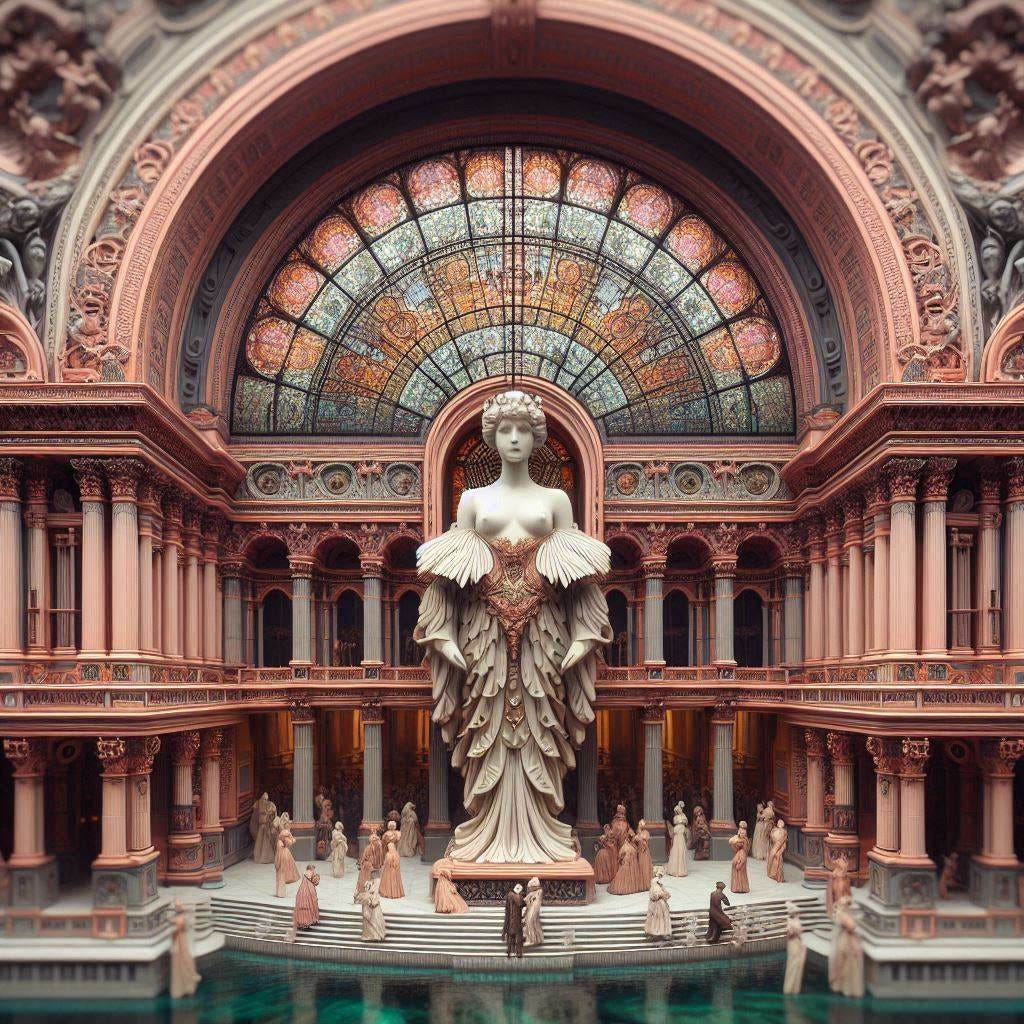 hyper realistic tiltshift 5d angle glass embedded Altgeld hall building/ black,coral orange, pink, cream, olive/ woman inside Altgeld hall in olive,chartrues,midnightblue, white Victorian bust / white feather scarf/ psychadelic steampunk headdress/water in resin/soft, beautiful/ honey-wood and copper/ Marquetry, verdigris./ standing on stage/ people dancing in distance/ In the style of Michael Parkes. black etching/ black linework/ white tiger / black sky 