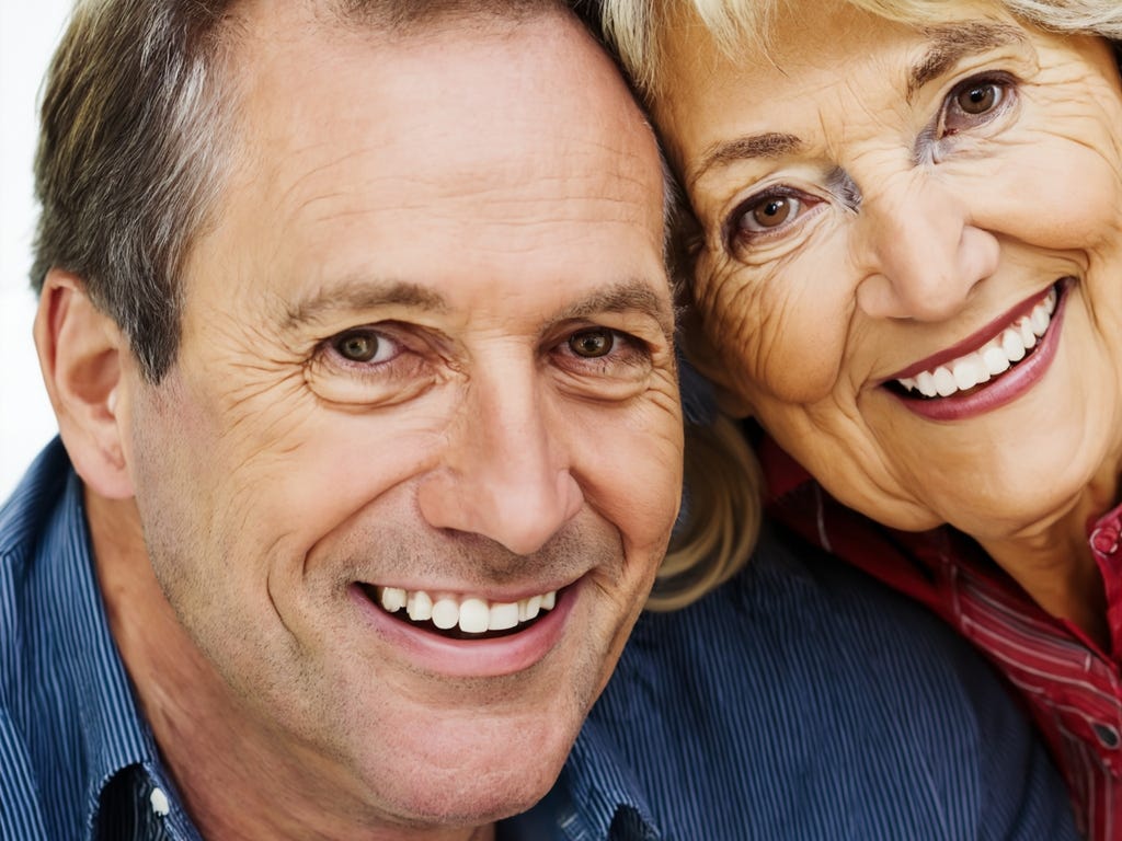 Tight portrait photo of white man age 50 and woman age 82, both smiling with their heads touching each other.  