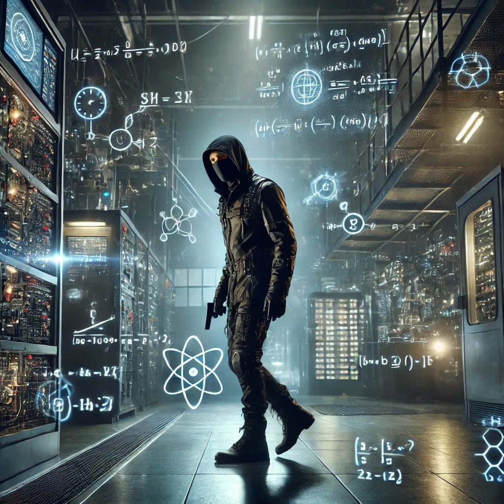 A tense scene inside a high-tech factory with a spy dressed in dark, sleek attire. The spy is cautiously moving through the factory, surrounded by various electronic devices like circuit boards, screens, and gadgets. Floating in the air around the spy are glowing mathematical formulas, complex equations, and chemical formulas, representing advanced calculations and scientific work. The environment is dimly lit with a futuristic feel, and there are shadows and reflections on the metal surfaces of the factory machines, adding to the suspenseful atmosphere.