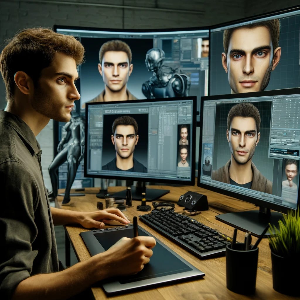A digital artist focused on creating a realistic human avatar using GoMAvatar technology. The setup includes a sophisticated workstation with multiple monitors displaying various stages of avatar development. The artist is adjusting settings on a graphic tablet, with screens showing detailed facial expressions and body movements of the avatar.