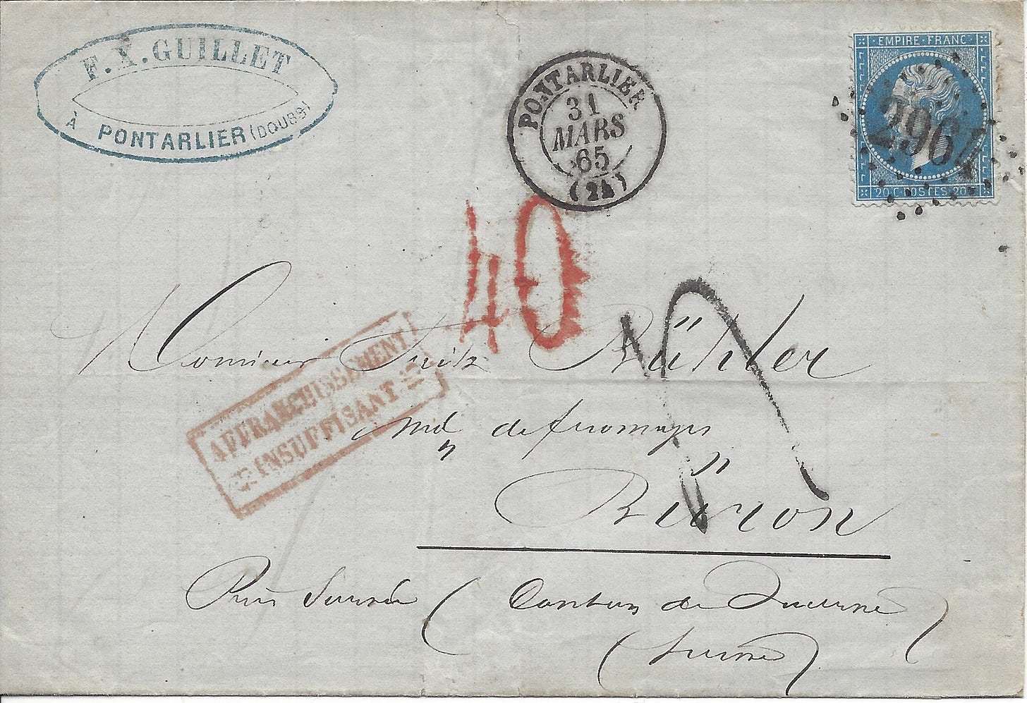 1865 letter from France to Switzerland