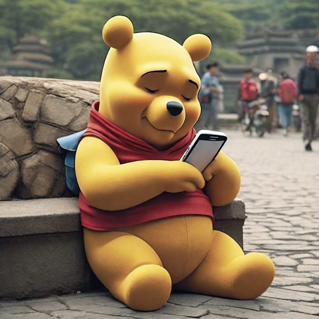 “Sad Winnie the Pooh in China looking at his phone,” generated with StableDiffusionXL.