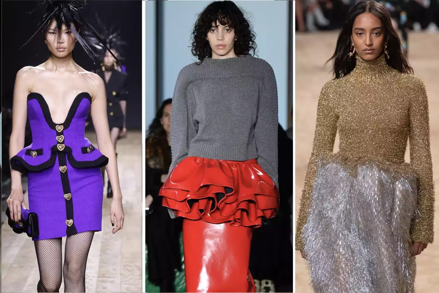Peplums, one of the best 2023 fall fashion trends, worn by models in Moschino, Christopher Kane, Paco Rabanne Fall/Winter 2023/2024 runway shows.