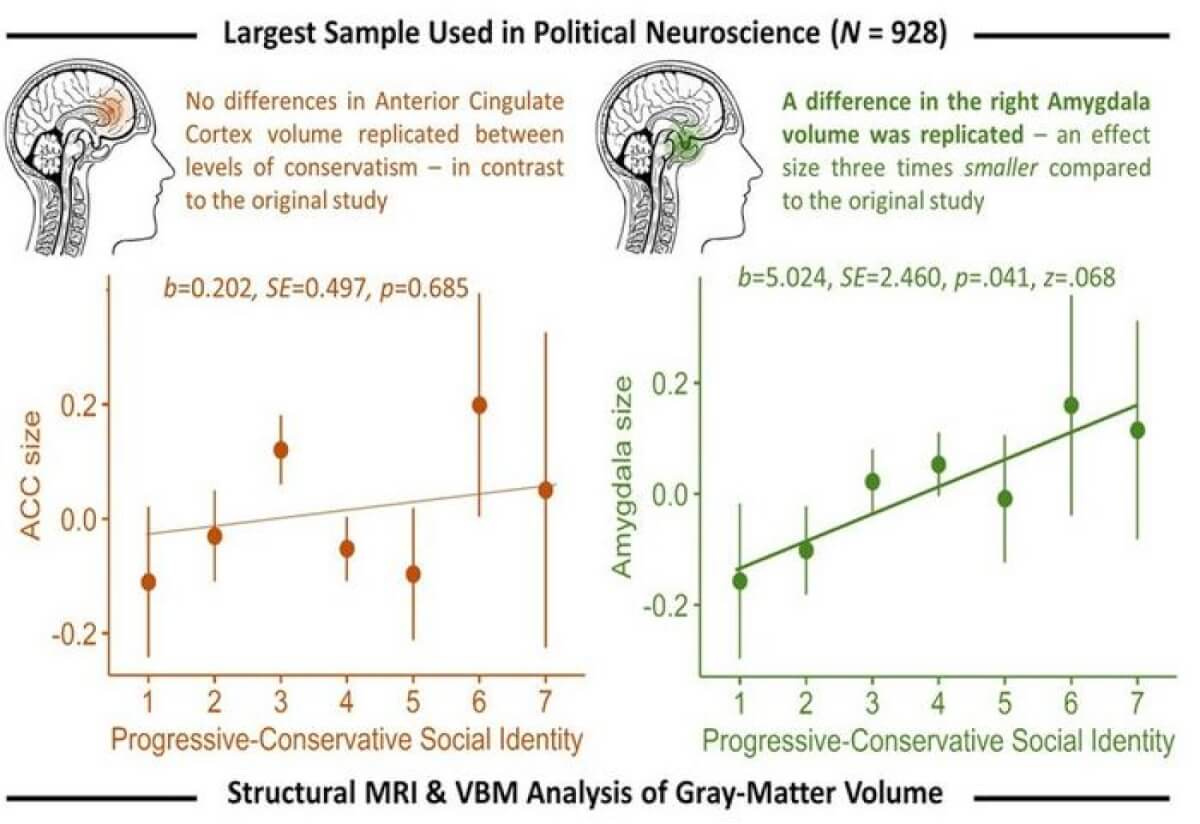 May be an image of text that says 'Largest Sample Used in Political Neuroscience (N N=928) No differences in Anterior Cingulate Cortex volume replicated between levels of conservatism - in contrast to the original study A difference in the right Amygdala volume was replicated - an effect size three times smaller compared to the original study b=0.202, b=0.202,SE=0.497,p=0.685 SE=0.497, p=0.685 b=5.024, SE=2.460, p=.041, z=.068 0.2 alzza ပို့ 0.0- Szle N 0.2 00 0.0 ygda -0.2 -0.2 1 2 3 4 5 6 2 3 4 5 6 7 Progressive-Conservative Social Identity Progressive-Conservative Social Identity Structural MRI & VBM Analysis of Gray-Matter Volume'