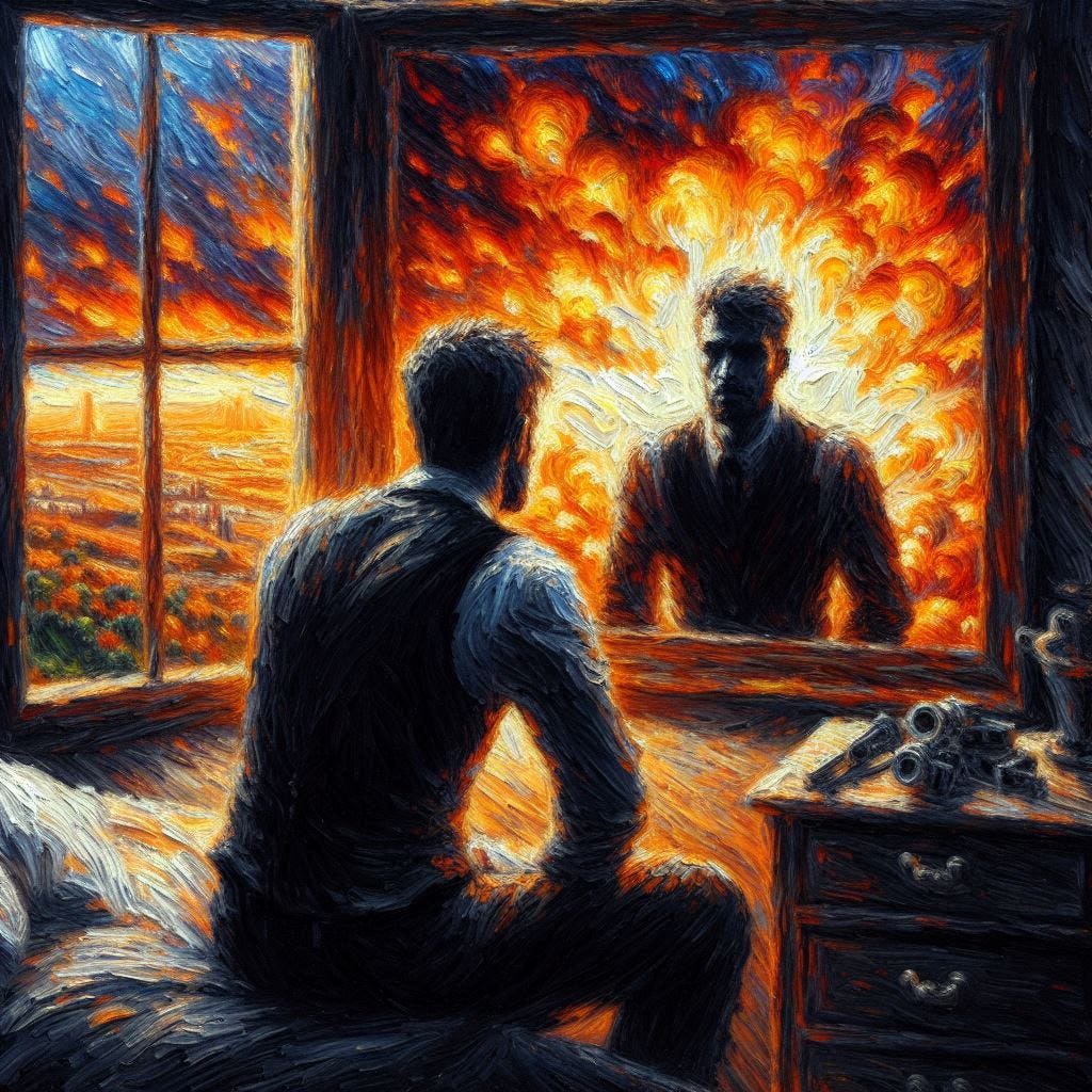 A man is staring longingly into a mirror that shows an idealized reflection of himself. Outside, the world is exploding into flames. Impressionist style