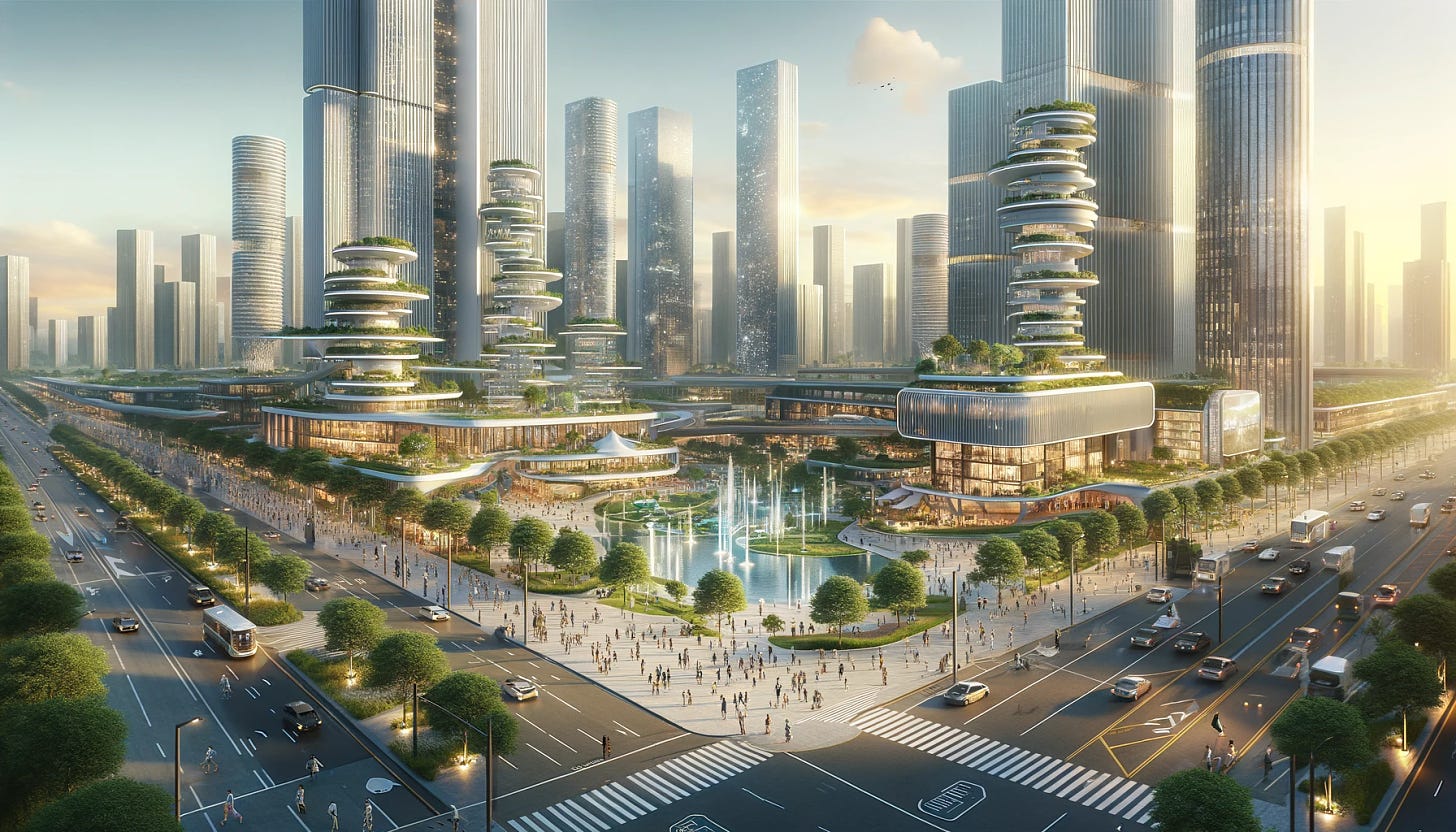 A photorealistic image of a futuristic private city, showcasing its clean, beautiful, and well-maintained environment. The city should feature innovative and interesting architecture, including tall, sleek buildings with eco-friendly designs, and ample green spaces like parks and vertical gardens. Streets should be populated with people of diverse ages and backgrounds, engaging in various activities like walking, socializing, and using futuristic modes of transportation. The atmosphere should convey a sense of harmony and advanced urban living, with a focus on sustainability and community well-being.