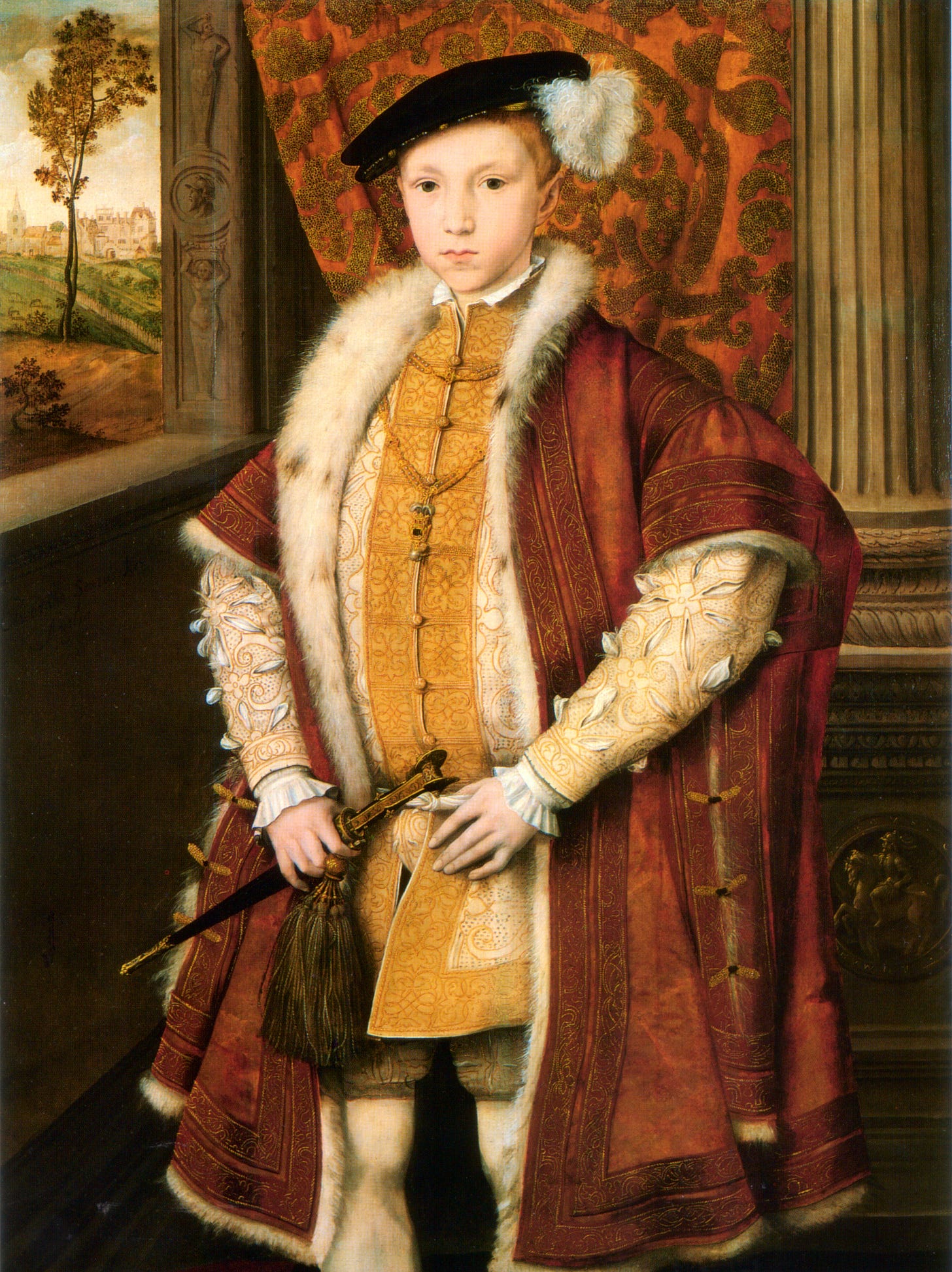 Edward VI of England in the Queen's Drawing Room, Windsor Castle. The figure is wearing several layers of clothing. The layer closest to the body is a chemise. It is visible in this image through the slashes, around the wrists, and at the neck.