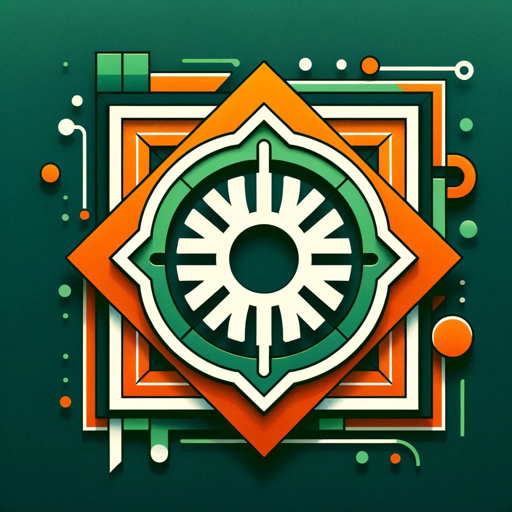 A modern graphic with a geometric background. On the left, there's a stylized starburst design in orange. On the right, there's a framed logo resembling the OpenAI logo, also in green. The design features clean lines and a contemporary layout, with a color scheme of orange and green.