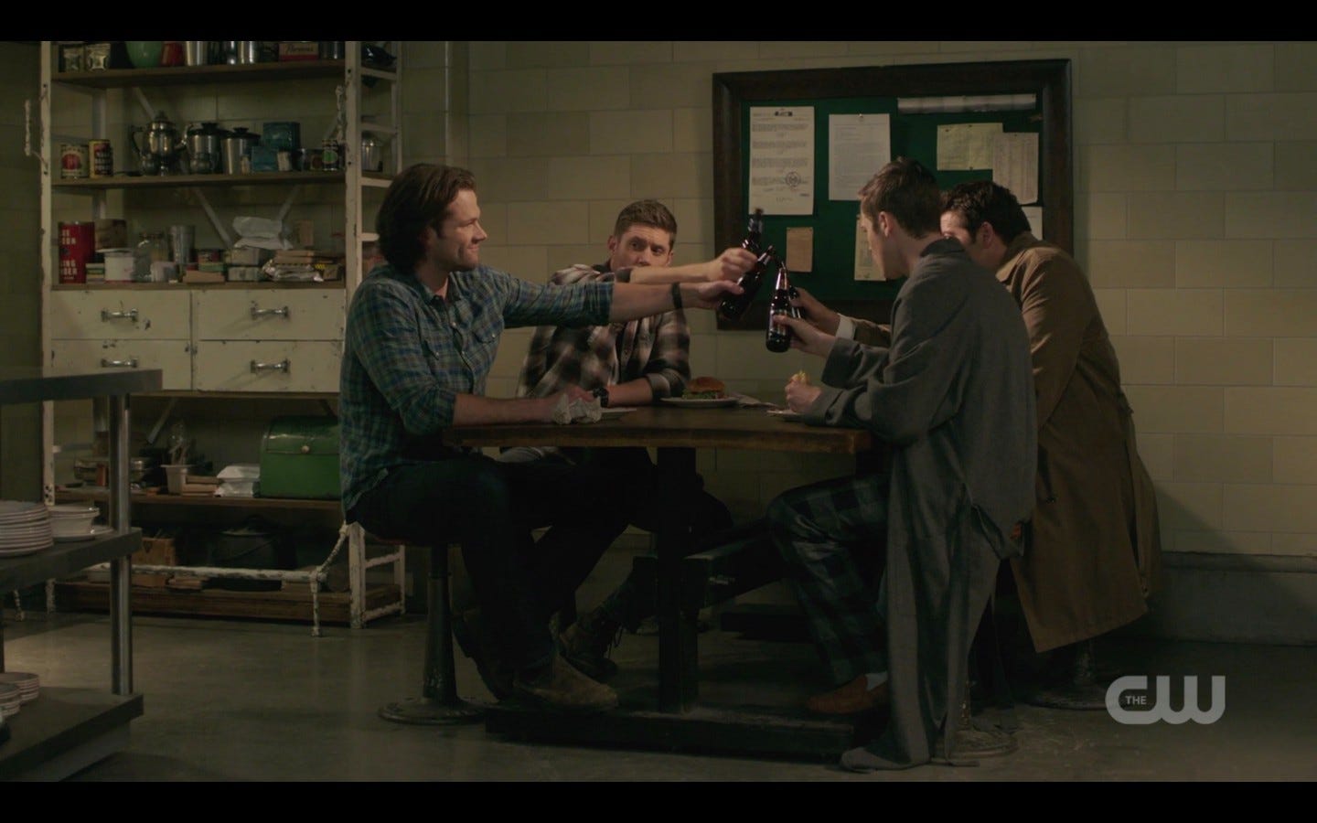 spn 1408 dean sam castiel jack clink beers together byzantium