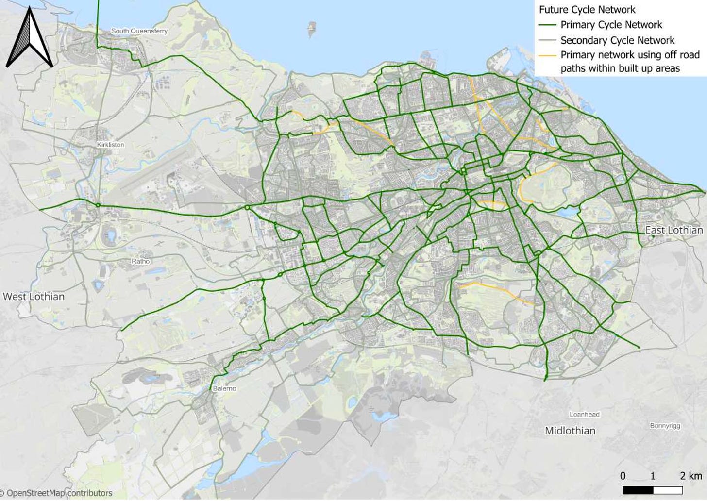 A map of the proposed future cycle network in Edinburgh, with various colour codings for route types