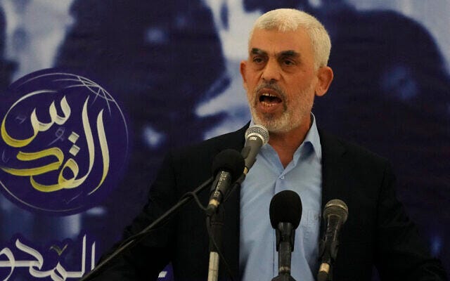 Yahya Sinwar, head of Hamas in Gaza, delivers a speech during a meeting with people at a hall on the sea side of Gaza City, April 30, 2022. (AP Photo/Adel Hana)