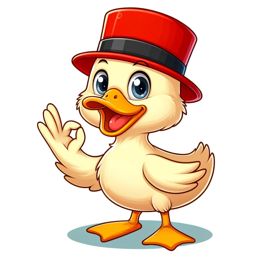 Funny cartoon duck with a red hat