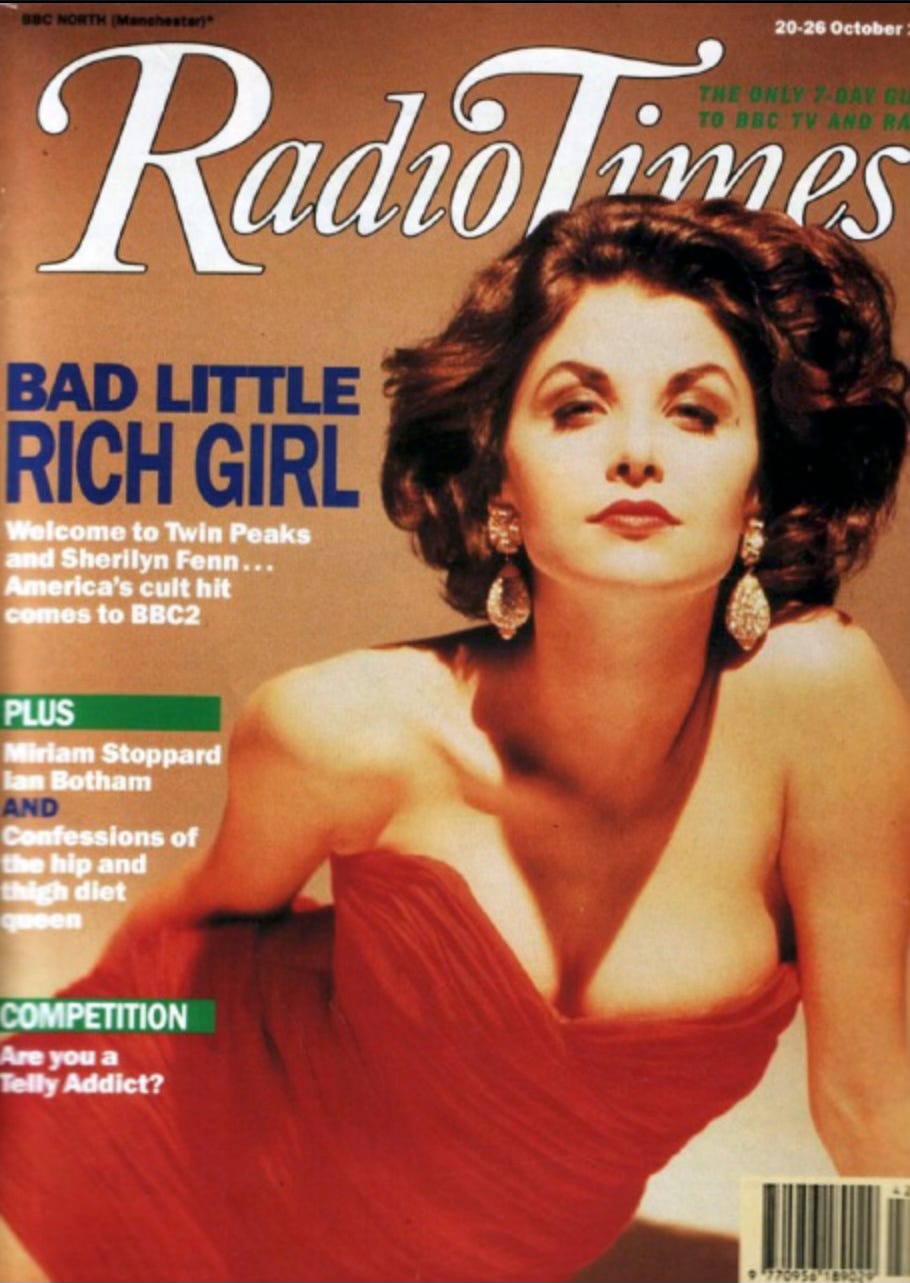 Cover of Radio Times magazine from 1990 with Sherilyn Fenn to promote the first airing of Twin Peaks