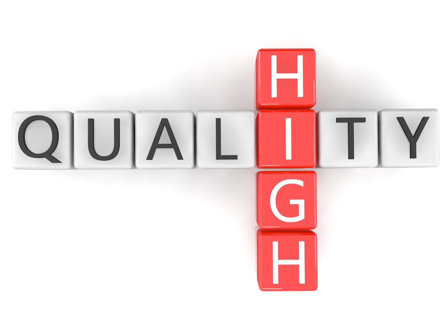 A 3D crossword-style arrangement of blocks spelling 'QUALITY' horizontally in white cubes with black letters, intersecting with 'HIGH' vertically in red cubes with white letters, symbolizing 'High Quality' in a visual representation.