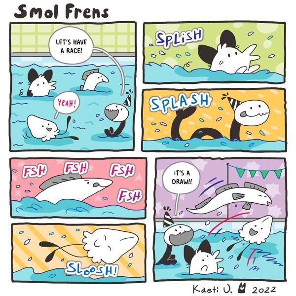 Four smol frens are in a pool, and decide to have a race! They splish, splash, fsh, and sloosh, and at the end it is a draw!