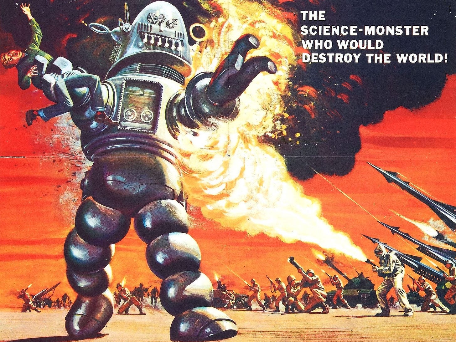 A gigantic metal robot holds a screaming boy in one hand while soldiers fire heavy artillery at it. A caption in the upper right corner reads, "THE SCIENCE-MONSTER WHO WOULD DESTROY THE WORLD!"