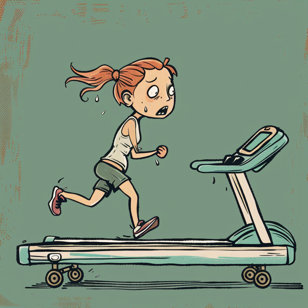  An exhausted and exasperated woman all out sprinting on a treadmill,