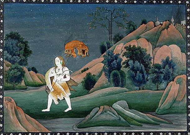 Shiva llevando a Sati en su tridente, alrededor de 1800, India (dominio público)