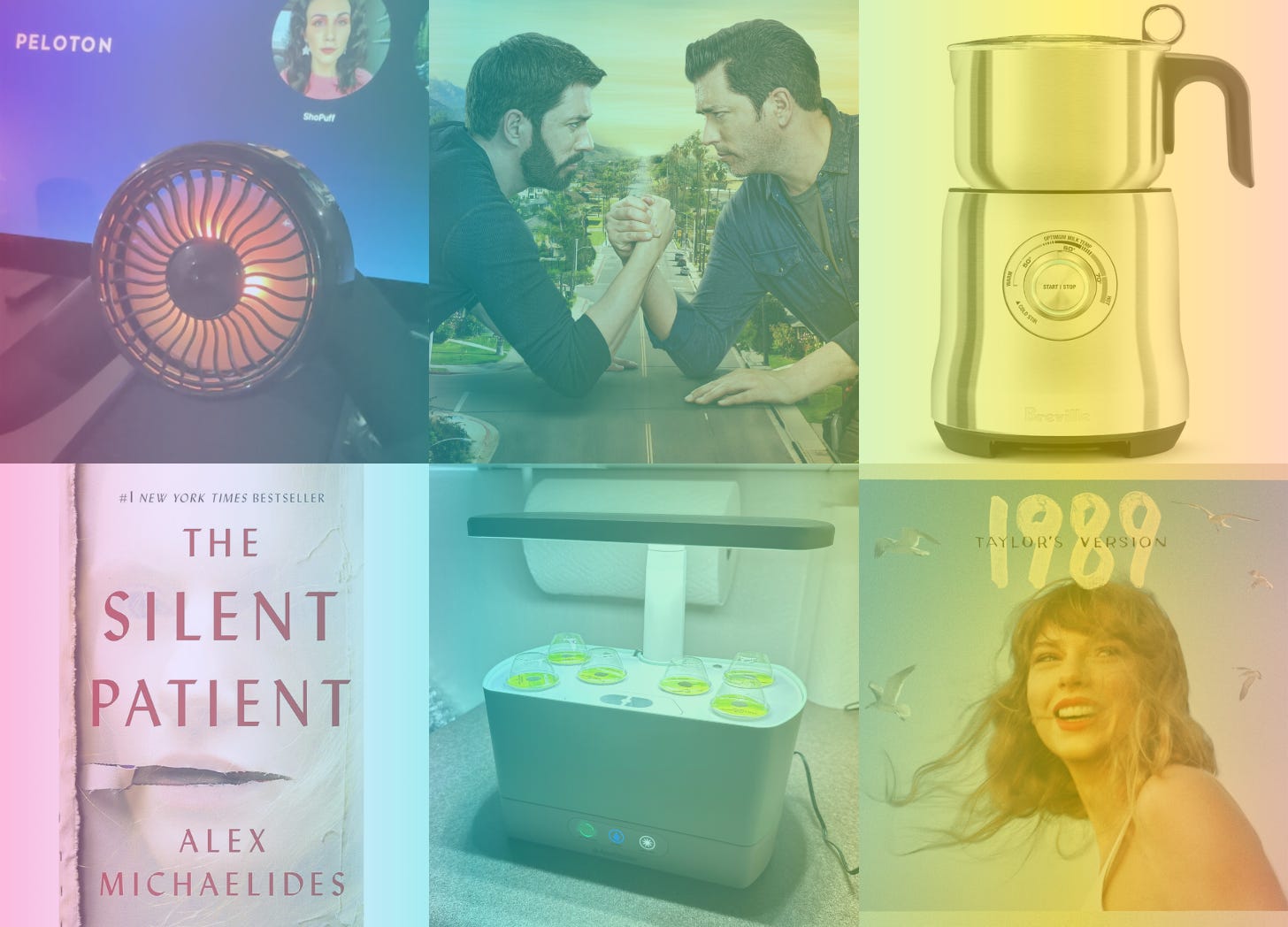 A grid of six images with a rainbow filter over them, including a photo of the colored fan on Shohreh's peloton, a promotional image from Brother vs Brother, a picture of the Breville Milk Cafe, the cover of The Silent Patient, a photo of Shohreh's AeroGarden, and the album artwork for 1989 (Taylor's Version)
