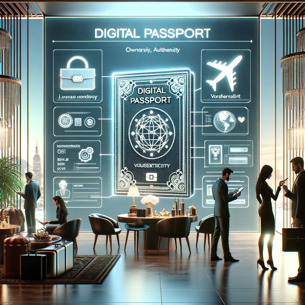 Visualize a sophisticated scene where luxury brand consumers are interacting with a 'digital passport' on their smart devices, showcasing the blend of physical luxury items and their digital blockchain counterparts. This passport symbolizes ownership and authenticity, with a detailed interface displaying the unique history and verification details of their high-end items. The setting is modern and sleek, reflecting the cutting-edge nature of blockchain technology. Consumers are seen confidently verifying the authenticity of their luxury purchases through this digital passport, which provides a comprehensive traceability record. This scene encapsulates the fusion of traditional luxury with digital innovation, highlighting the security and exclusivity that blockchain technology brings to high-end consumer goods.