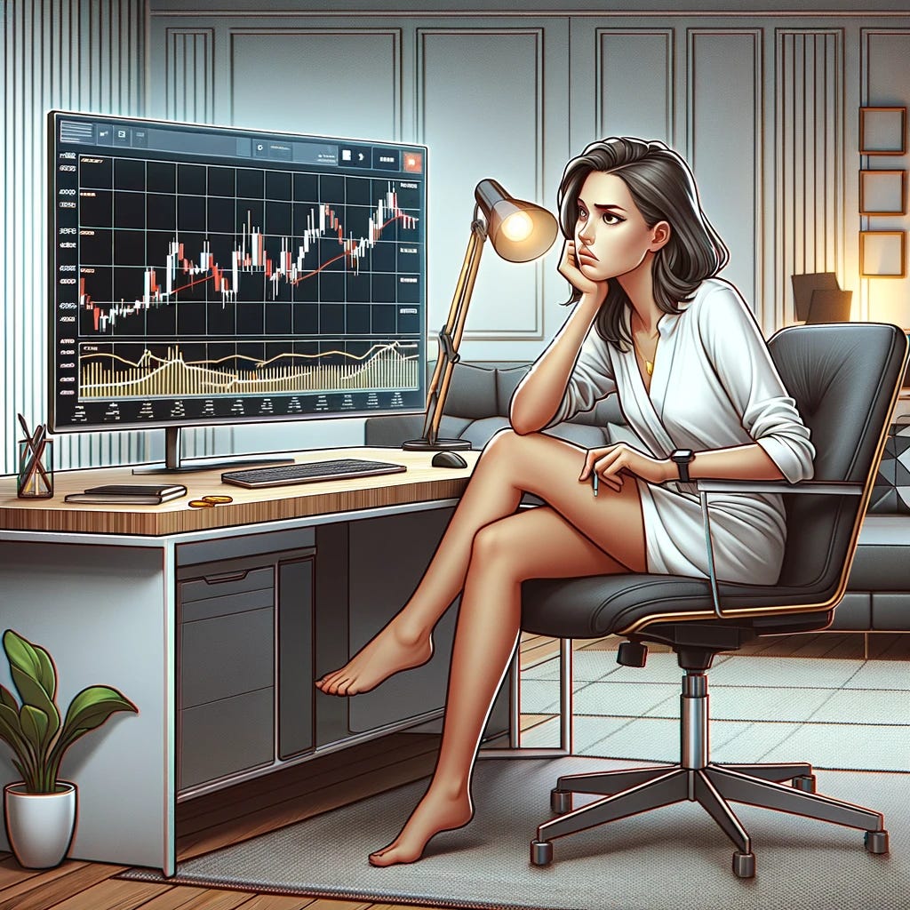 Depict a woman sitting in a modern, minimalist home office, staring disinterestedly at a computer screen that displays live cryptocurrency charts. The charts show fluctuating values, but her expression and posture convey boredom and disinterest. She's leaning on one elbow, her other hand idly playing with a pen, indicating her lack of engagement. Around her, the room is styled with sleek, contemporary furniture, embodying the high-tech nature of her investment interest. Despite the potential excitement of crypto trading, she remains unimpressed, embodying the sentiment of someone disillusioned by the hype.