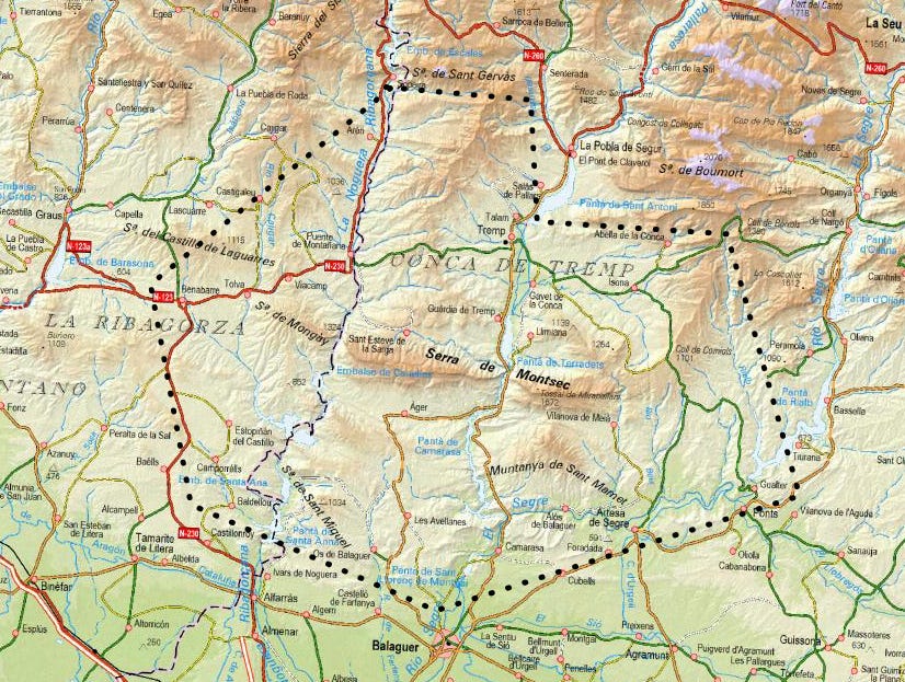 Situació del territori Montsec als mapas de Lleida (Catalunya) i Osca (Aragó).