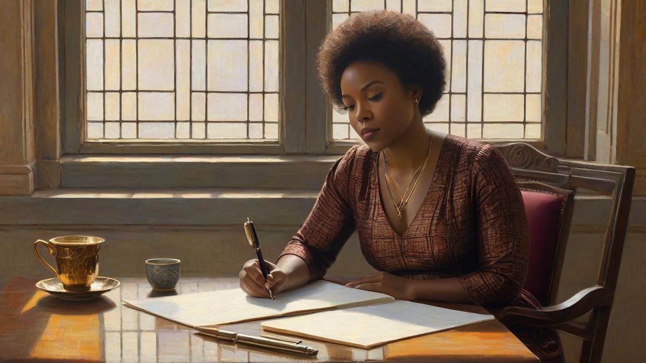 oil painting of a Black woman seated at a weathered wooden table near a sunlit window, her hands poised with a fountain pen on lined paper, a half-empty teacup nearby. Golden-hour light floods the scene through leaded glass, casting geometric shadows on her focused expression. rich burgundy armchair, textured parchment, and faint city skyscrapers visible through windowpanes. impressionist brushwork, warm sepia palette, subtle texture of canvas weave.