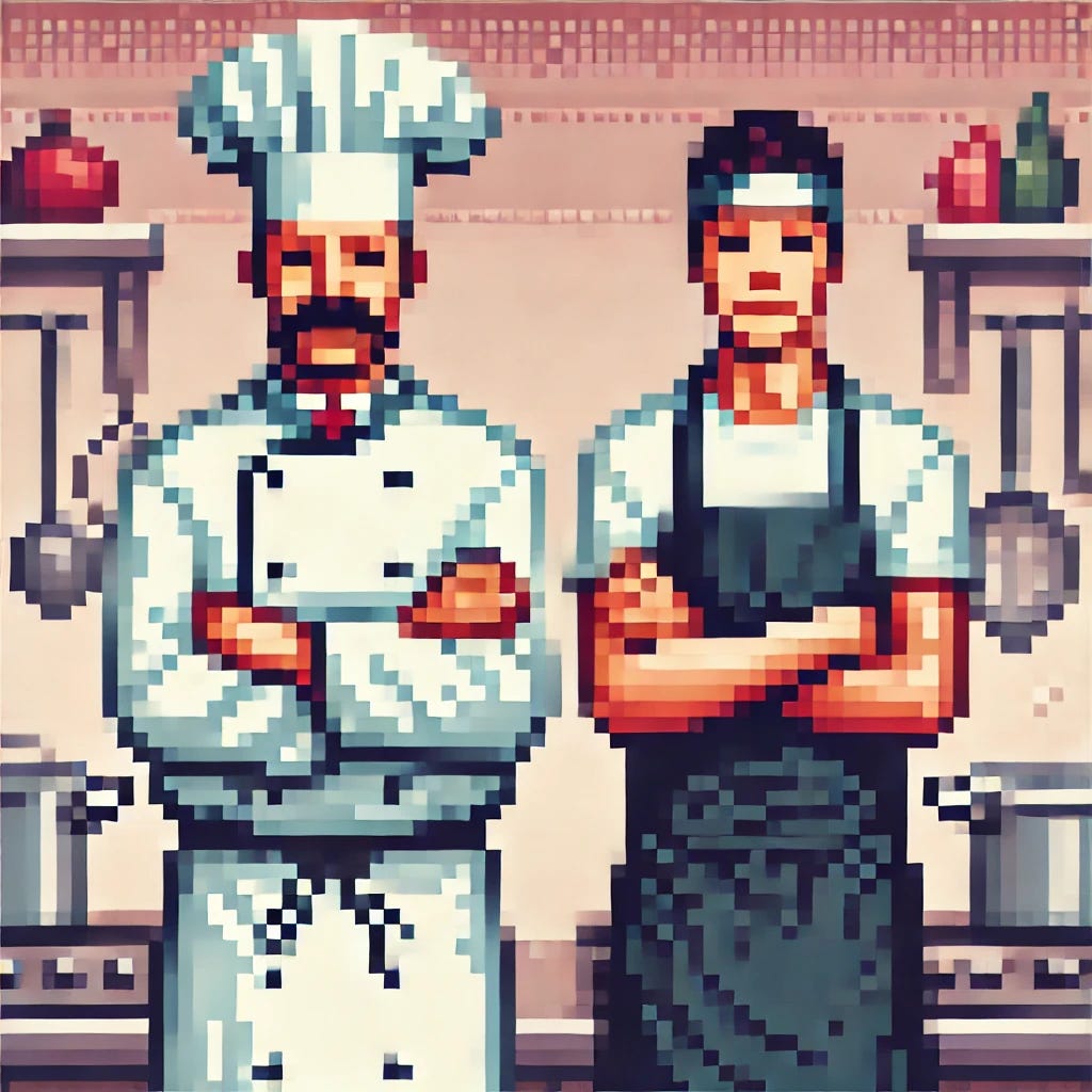 A pixelated image of two chefs standing side by side. One chef wears a traditional white chef's coat and hat, symbolizing formal training and a professional setting. The other chef has a more casual appearance, perhaps a dark apron over a t-shirt, symbolizing a self-taught background. The two chefs stand in a kitchen environment, with pots, pans, and ingredients in the background. The image is highly pixelated, resembling retro 8-bit or 16-bit video game graphics. They both appear determined and friendly, highlighting mutual respect and dedication to cooking.