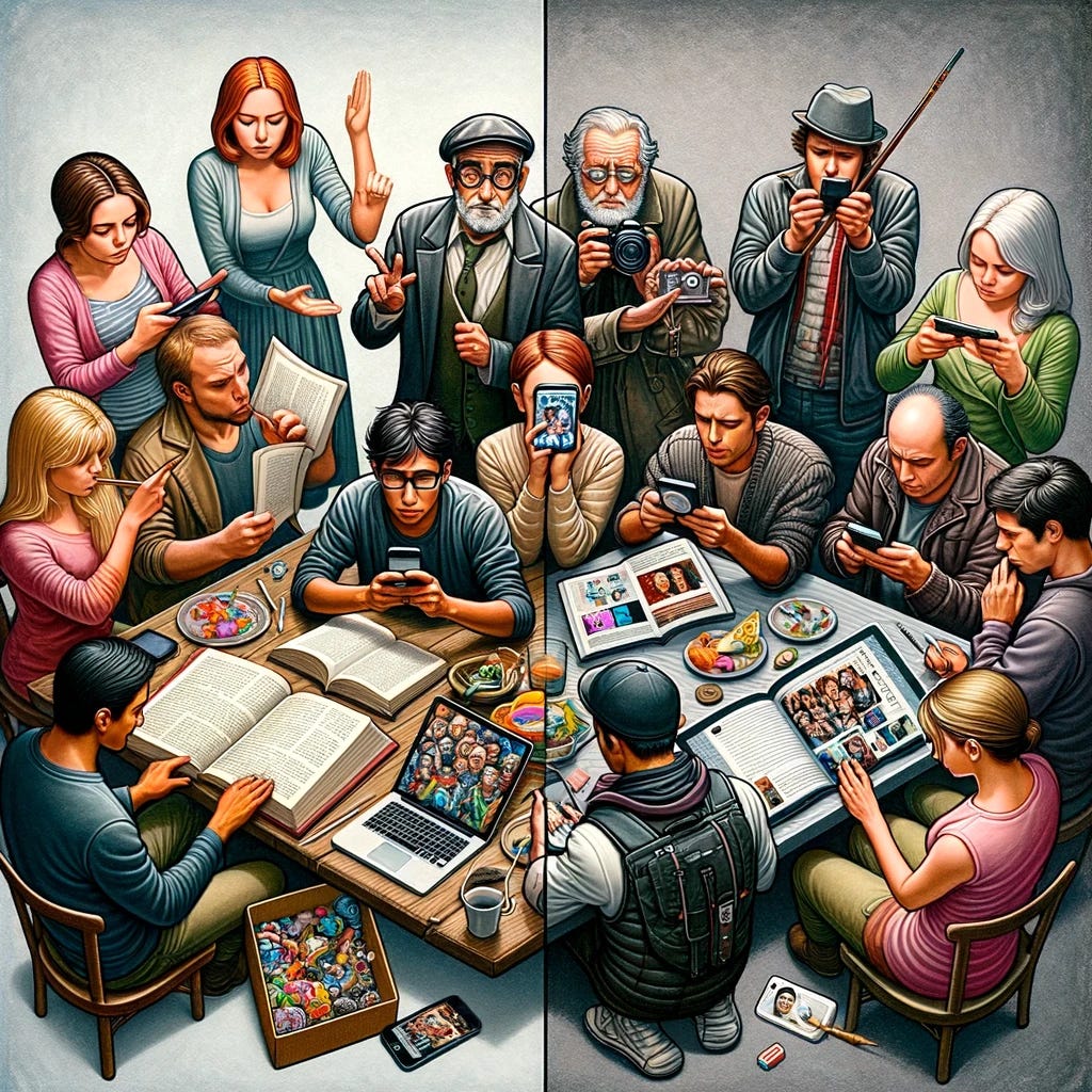 An image divided into two contrasting sections. On the left side, depict a group of five diverse individuals rejecting clout using only physical objects, like reading books, writing, or engaging in traditional crafts. Their expressions and actions show a deliberate avoidance of digital technology, symbolizing a preference for tangible, real-world experiences. On the right side, another group of five diverse individuals is solely using digital devices, like smartphones and cameras, to record videos and engage in social media activities. This side represents a digital-focused, attention-seeking behavior, with each person actively involved in creating online content. The contrast between the two sides highlights the difference between physical, real-world interactions and digital, virtual engagements.