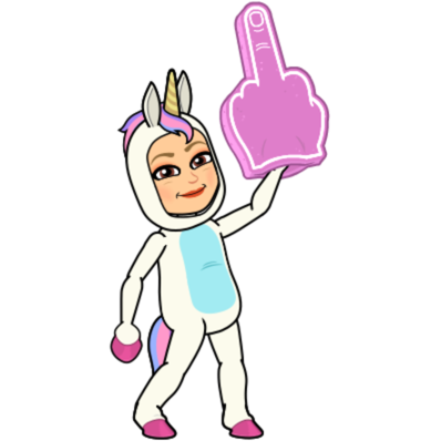Bitmoji of the author in a unicorn costume and a big pink middle-finger foamie.