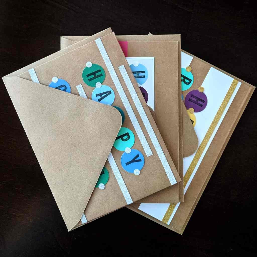 Stack of 3 easy stamped birthday cards in envelopes