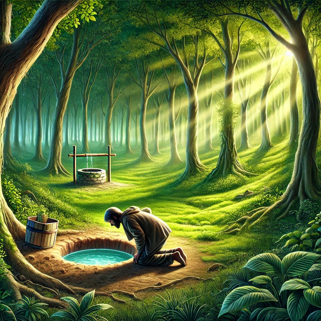 An illustration depicting the concept of 'Digging a well after becoming thirsty,' but set in a lush, green forest environment. The scene shows a person kneeling by a partially dug hole, surrounded by tall trees and dense vegetation. The person is still desperate, showing signs of exhaustion, but instead of a harsh desert, they are in a vibrant forest. Sunlight filters through the leaves, creating a dappled light effect. In the background, there is a well that has already been dug, with clear water visible, representing the idea of being prepared. The image should evoke a sense of missed opportunity in an otherwise abundant environment.