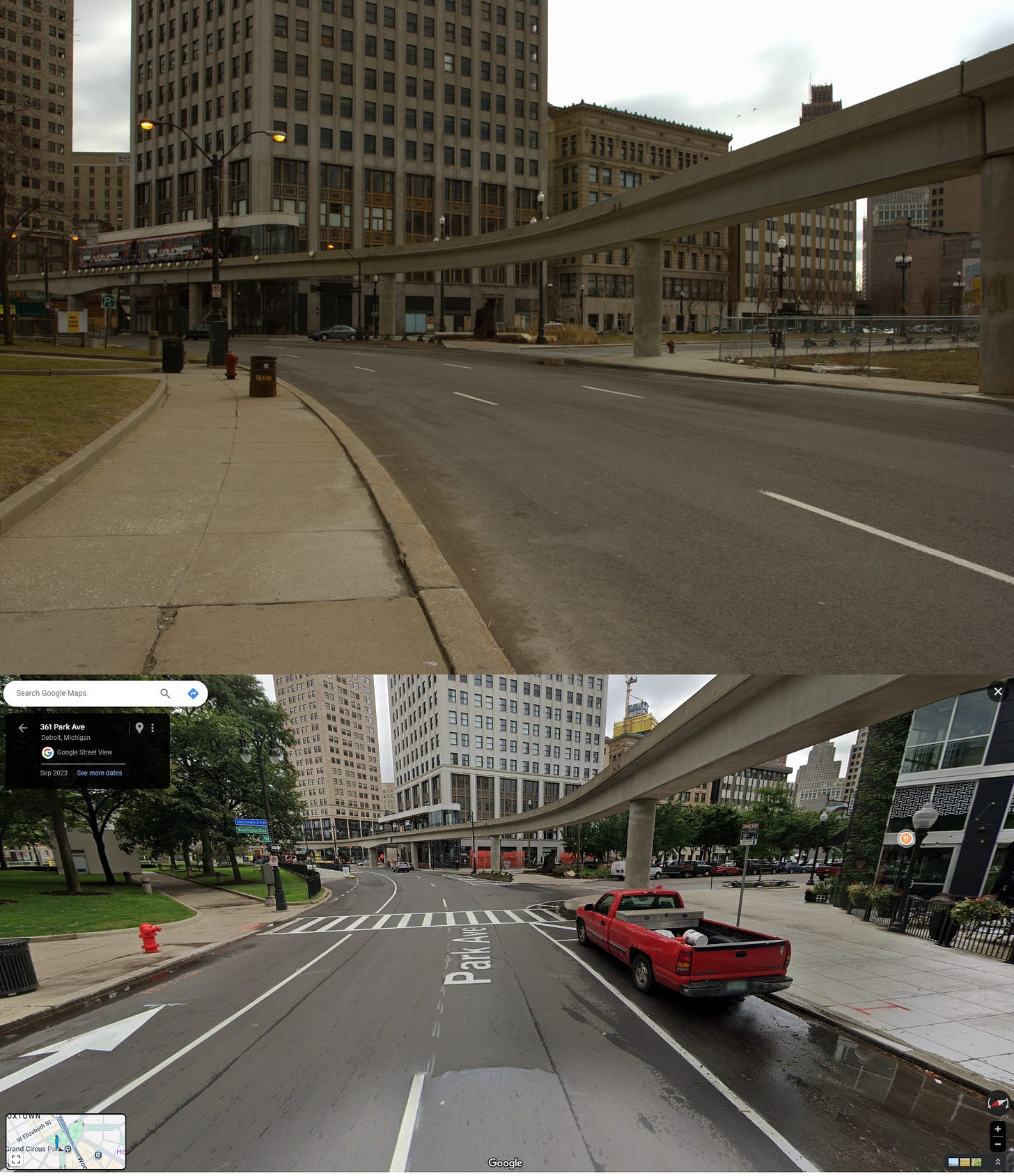 A photo I took of an Detroit intersection in 2009 above an approximately equivalent screengrab from Google StreetView in 2023. In 2009, there is a single car visible on the street and there is a vacant lot on the right side of the photo. The People Mover monorail track support columns look tired and worn. In 2023, there are many more cars parked, green trees, and once-empty buildings are occupied with hotels and restaurants.. The vacant lot has a very nice, new building on it. 