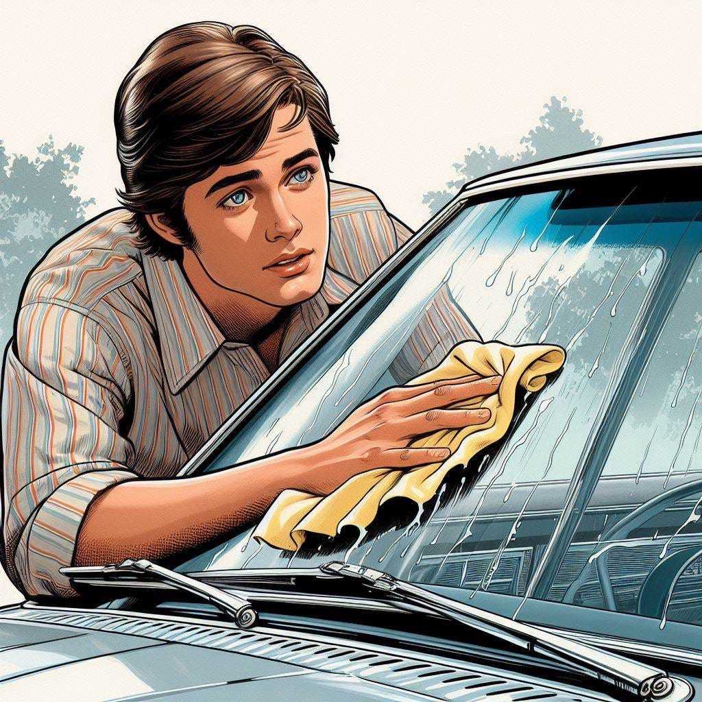 a young man in casual dress wiping the outside of a windshield of a 1970s chevy sedan. He looks dazed. Illustrated, wide shot.