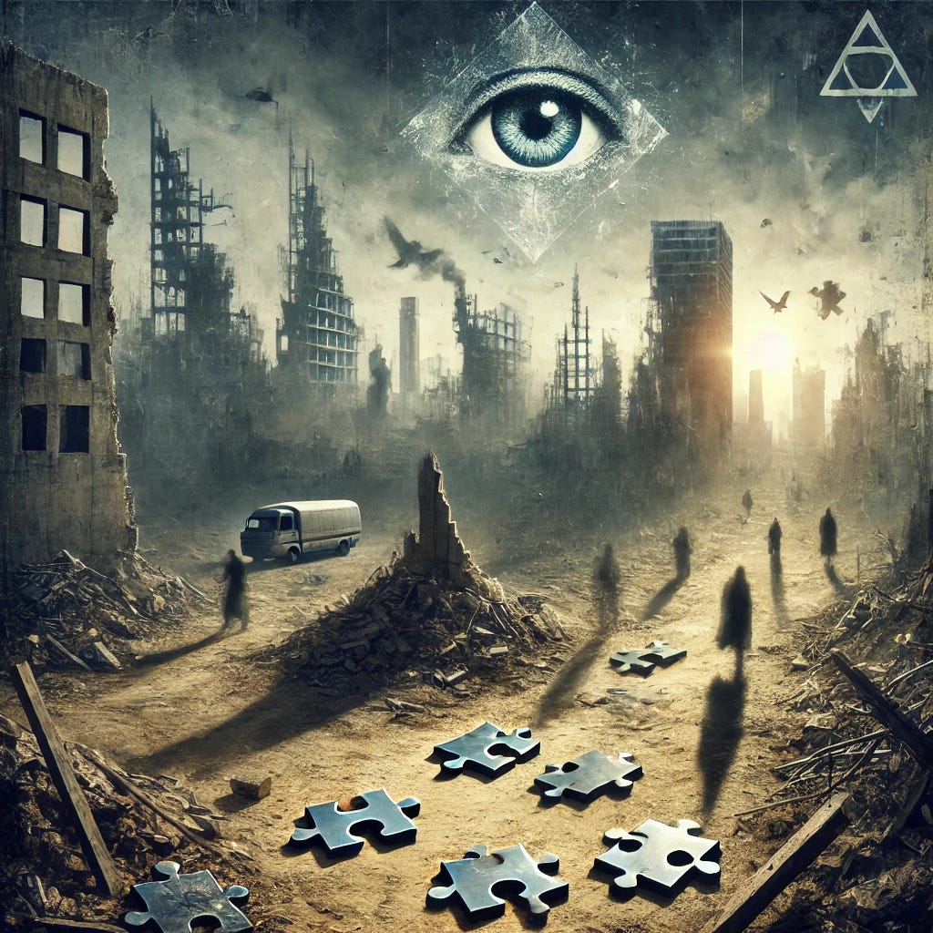 A square image depicting the aftermath of a major event, blending elements of a desolate urban landscape with symbolic elements that hint at deception and illusion. The scene includes a city in ruins, with buildings partially standing amidst rubble. There's an eerie, unsettling atmosphere with a dark sky. Subtle shadows or ghostly figures represent the hidden truths or illusions. In the foreground, a few scattered pieces of jigsaw puzzles, some flipped upside down, symbolizing the complexity and confusion of piecing together the truth. A faint, almost transparent eye in the sky, symbolizing oversight and seeking the truth.