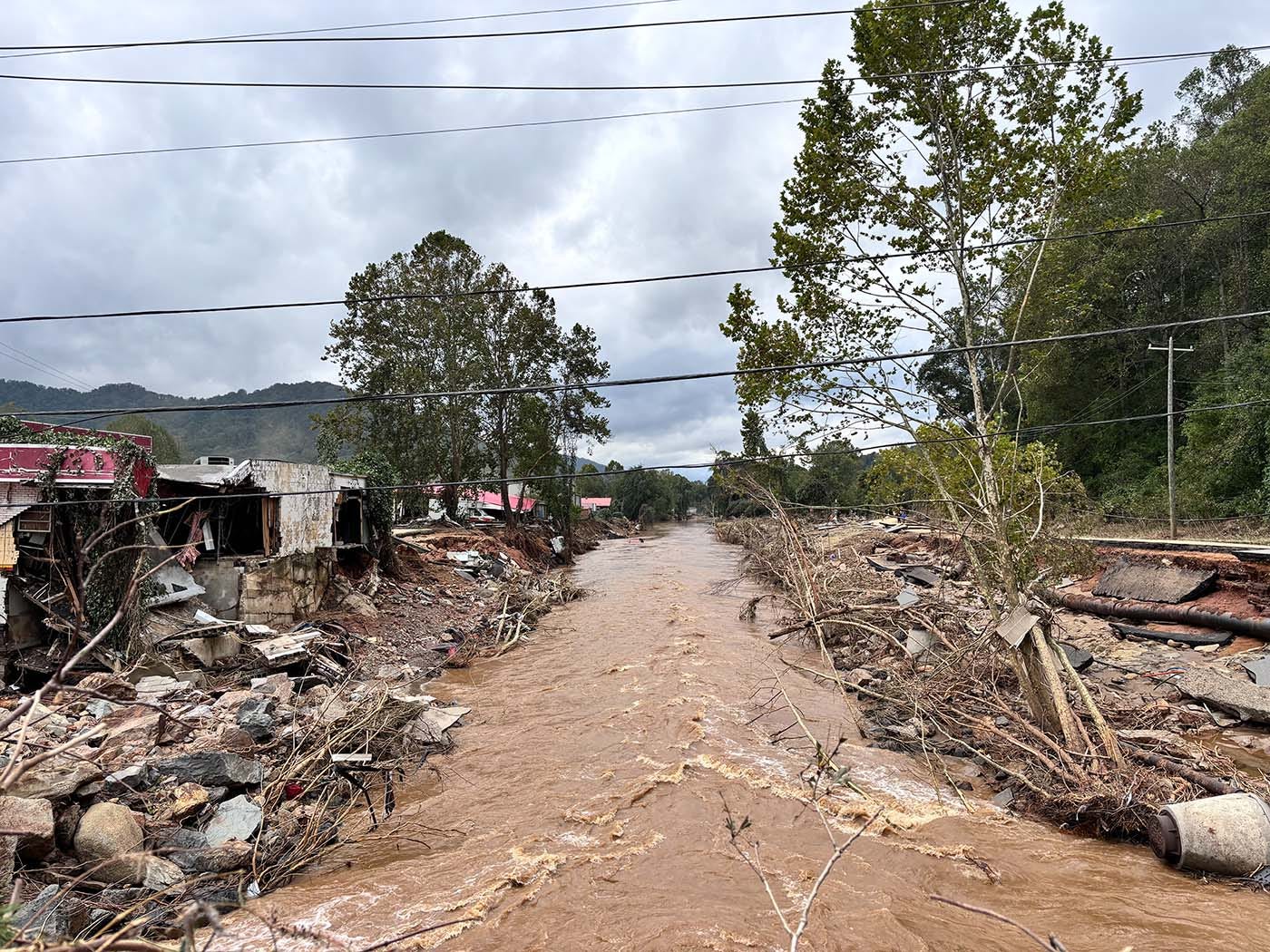 The flooded Swannanoa River in Asheville