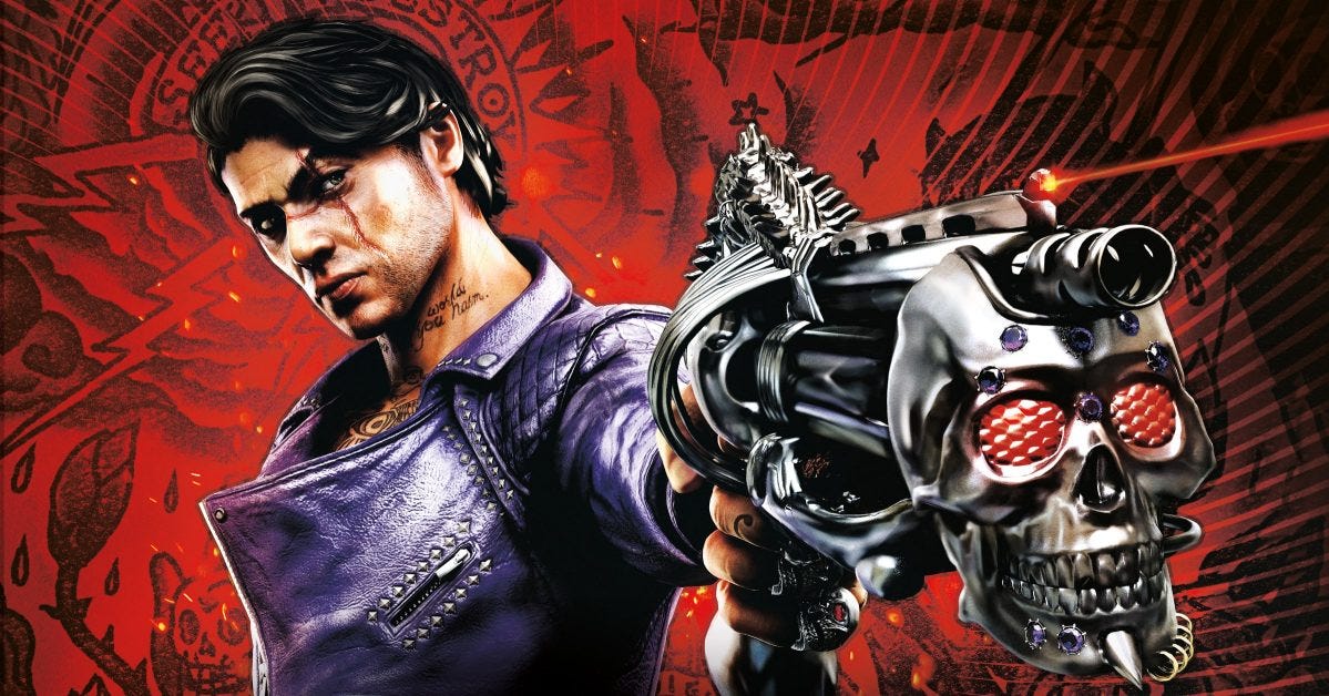 Promotional art for Shadows of the Damned, featuring protagonist Garcia Hotspur aiming Johnson, a demon who can be a gun and more, at the foreground.