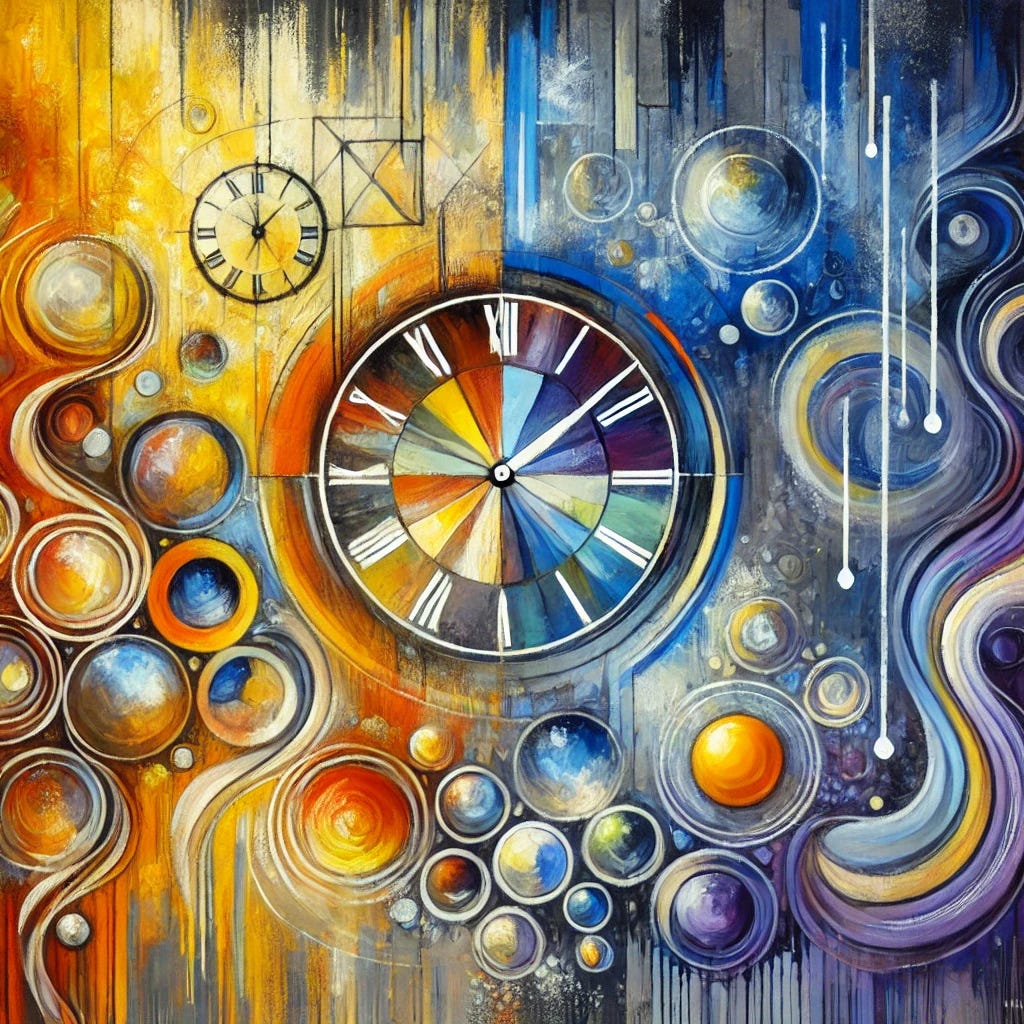 An abstract painting inspired by the concept of human circadian rhythms being disrupted by Daylight Saving Time. The artwork should symbolize the contrast between natural light cycles and artificial time shifts. Use bold, vibrant colors to represent morning light (like bright blue and yellow) versus evening light (like deep orange and purple). Include abstract, overlapping circular shapes to represent body clocks and hormonal rhythms. Show visual tension or imbalance between sides of the composition to express misalignment. Incorporate energetic, visible brushstrokes and layered textures to evoke motion and a sense of internal struggle or biological unrest. Keep it decorative and playful, emphasizing flatness and boldness in design.