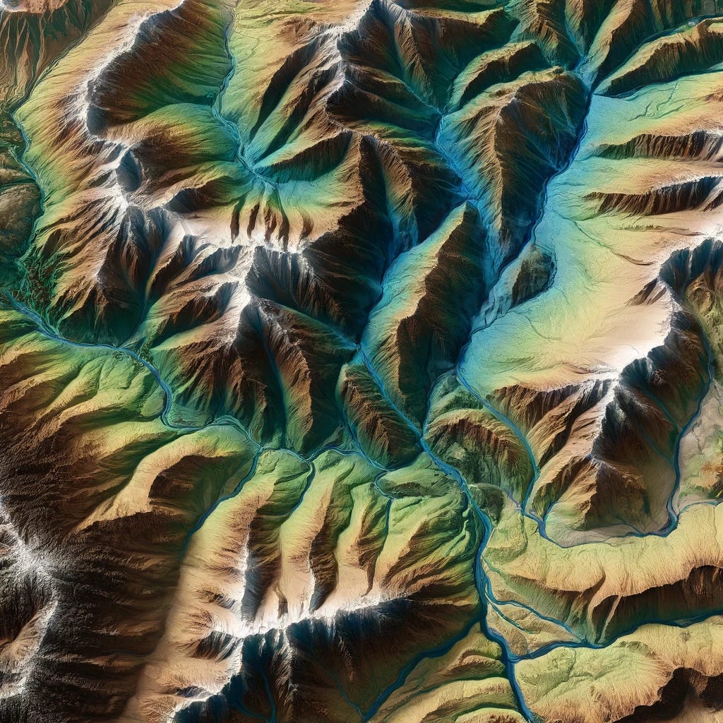 Visualize a detailed and high-resolution digital elevation model (DEM) of a North American landscape, showcasing varied terrain features such as mountains, valleys, and rivers. The image should highlight the contours and topographic relief to emphasize the elevation changes across the landscape. Natural colors should be used to depict different elevations, with higher areas in cooler tones like blues and greens, and lower areas in warmer tones such as browns and yellows. The visual representation should aim to convey the complexity and beauty of the terrain in a realistic manner, allowing for a clear understanding of the geographical features and elevation differences.