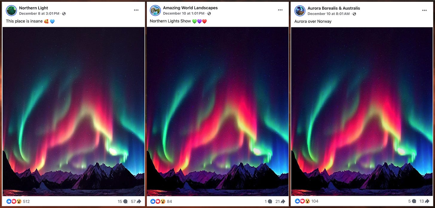 collage of Facebook posts containing duplicate AI-generated aurora images