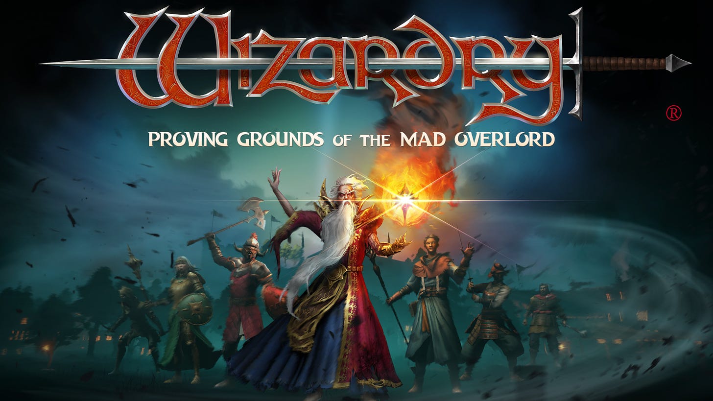 Cover art for the remake of Wizardry: Proving Grounds of the Mad Overlord, showing a wizard with a fireball over his left hand, flanked by other adventurers and warriors by his side.