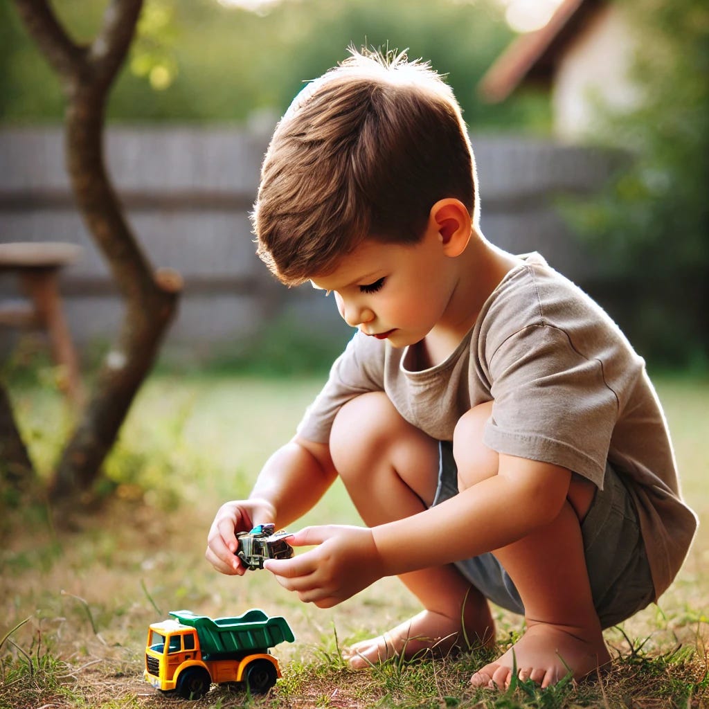 A 4-year-old boy in a natural squatting position, playing with a toy in his hands. The boy has short, brown hair, wearing a simple t-shirt and shorts. He is outdoors on a grassy area, possibly in a backyard or park, with a few trees in the background. The toy he's holding could be a small truck or action figure, and the boy is focused on it while in the squat. The lighting is natural, suggesting a sunny day.