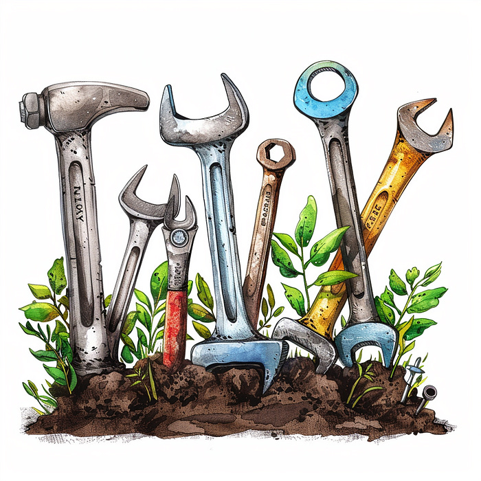 A colour pencil sketch of some tools growing like plants out of soil. A hammer and six spanners. Image generated by Midjourney, hence the weirdly shaped hammer.